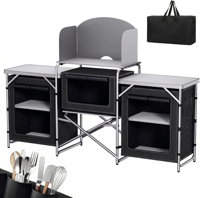 Sekey Campingschrank XXL Faltbare Campingküche mit Aluminiumgestell in Schwarz - Bild 1