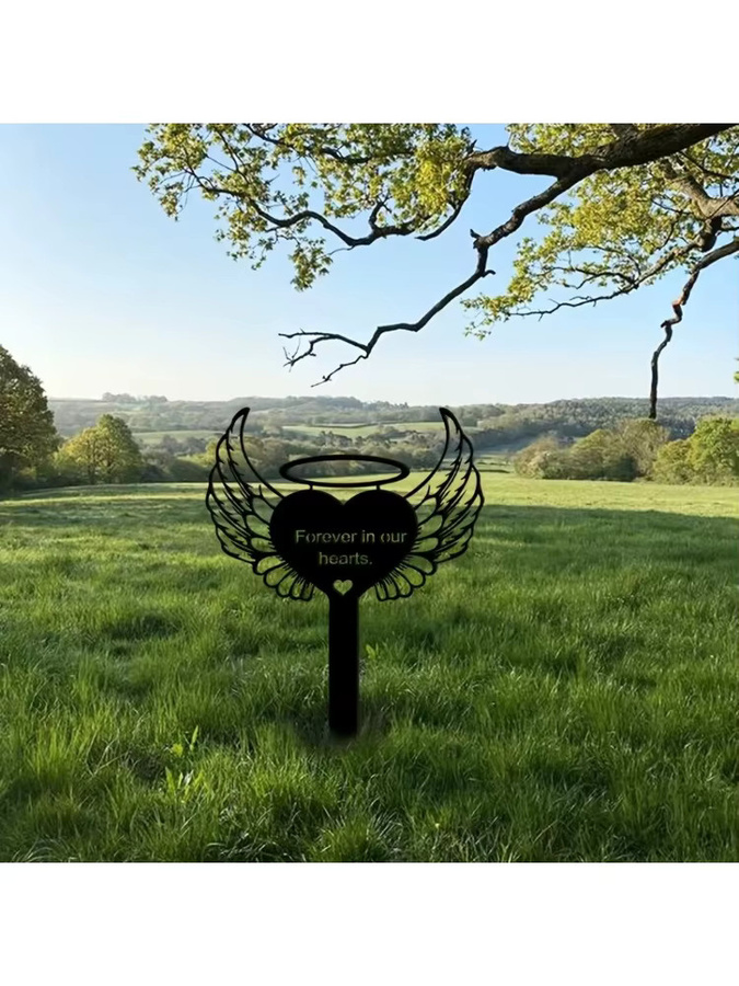 CIFbuy Engelsflügel-Herz Gedenkstein aus Metall in Schwarz als Grabstein und Gartendekoration für Haustiere oder Menschen - Bild 4