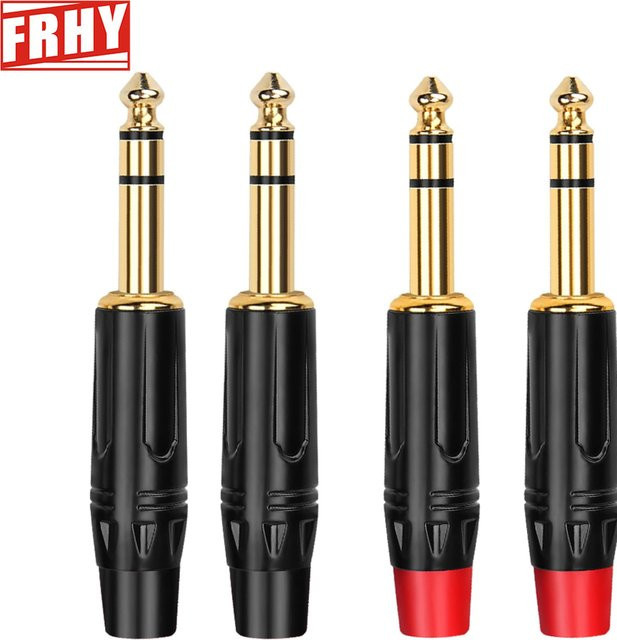 FRHY 4 Stück 6,35mm TRS 1/4 Zoll Mono Lötanschluss Vergoldete Kupferstecker in Gold, Rot und Schwarz für Gitarre, Lautsprecher und Mischpult - Bild 1