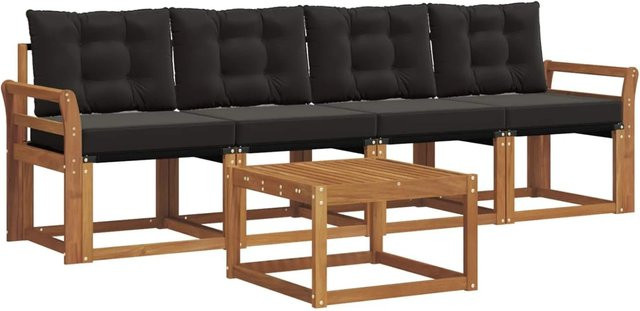 vidaXL Outdoor-Sofagarnitur 5-tlg. aus Akazienholz und Textilene in Natur und Schwarz mit Kissen - Bild 1