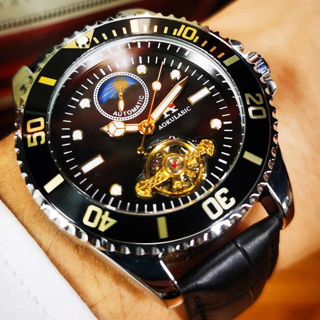 AOKULASIC Armbanduhr, Automatik, Lederband, Herren, Schwarz, Silber - Bild 1