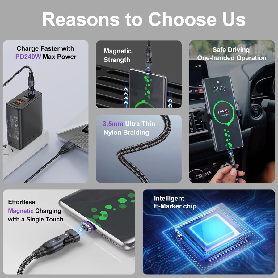 TelDaykemei 240W 5A Magnetisches USB-C Schnellladegerät mit Magnet-Adapter und Ladekabel in Schwarz - Bild 2