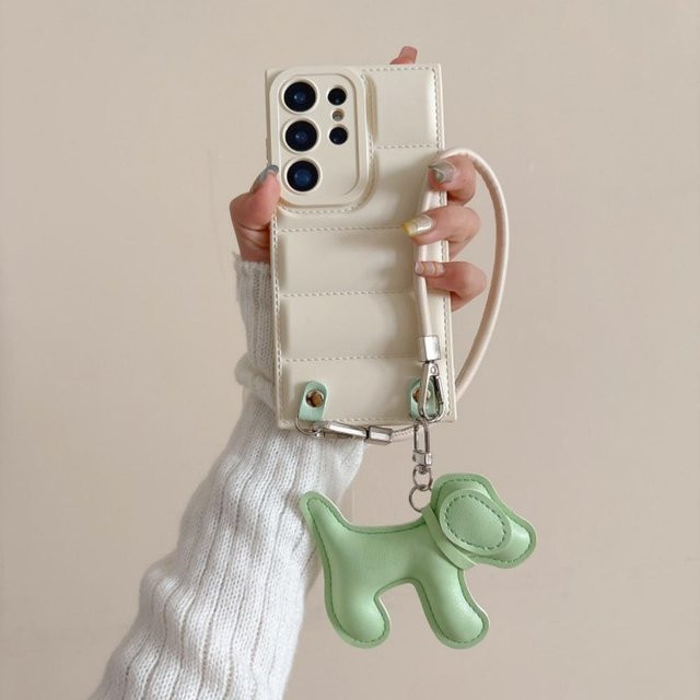 Samsung Handyhülle aus Leder mit Cartoon Hund Design und Handgelenkband in Weiß für Galaxy S26 Ultra S25 S24 Plus S23 FE S22 A17 A07 - Bild 1
