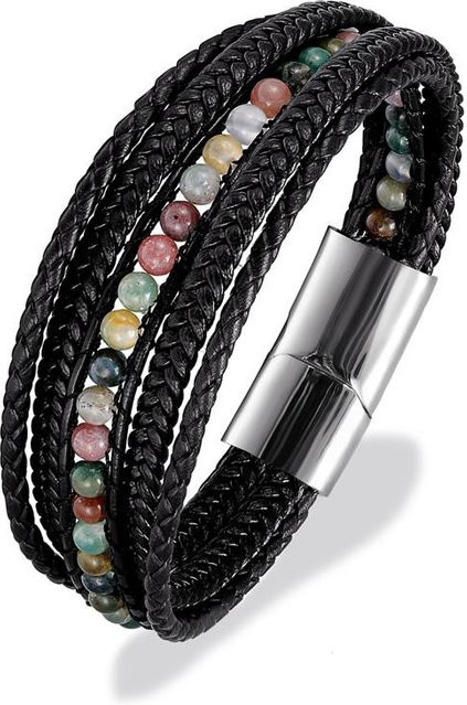 YULIN Armband, Leder, Tigerauge Naturstein, handgeflochten, 19 cm, Unisex - Bild 1