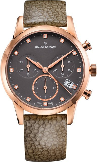 Claude Bernard Damenuhr Classic Chronograph, Quarz, Edelstahl, 35 mm, Leder, Grün - Bild 1
