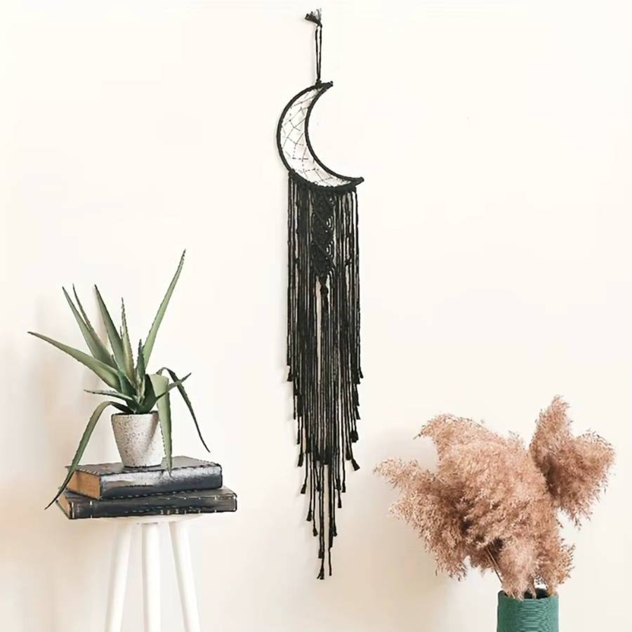 Mond & Stern Makramee Wandbehang Schwarz Boho Traumfänger Wandteppich für Wohnzimmer und Schlafzimmer - Bild 2