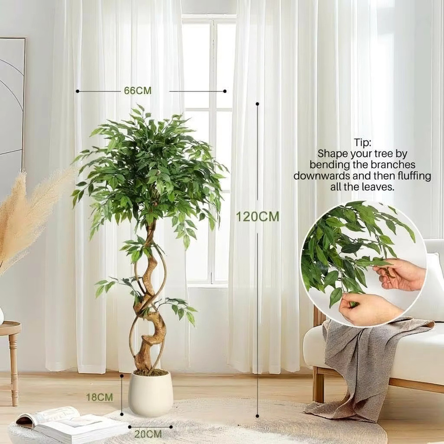 HiMISS Künstlicher Ficus-Baum mit gebogenen Stämmen und weißem Übertopf, Grün, Höhe: 120 cm - Bild 4