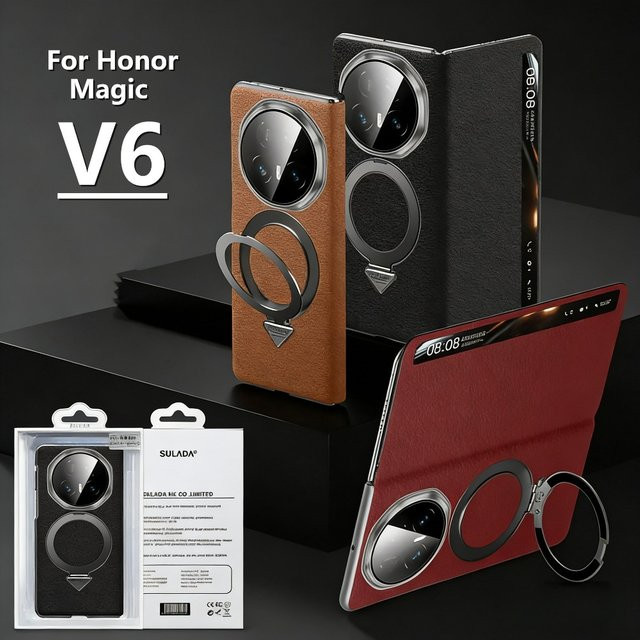 Sulada Echtleder Smart Window View MagSafe Flip Case für Honor Magic V6 und Honor Magic V5 mit Magnetring und Halterung Ständer in Schwarz - Bild 1