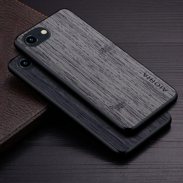 Luxus Handyhülle aus Leder mit Bambusholzmuster für Apple iPhone 16e, SE 4, SE 3 und SE 2 in Schwarz oder Grau - Bild 1