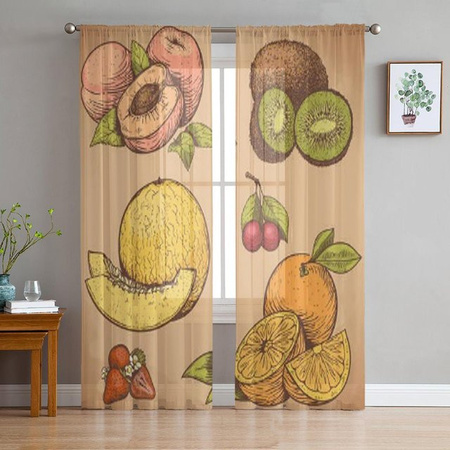 Super Six Transparente Tüll-Gardine mit Früchte- und Beeren-Gravur in Beige, B: 135 cm, H: 114 cm