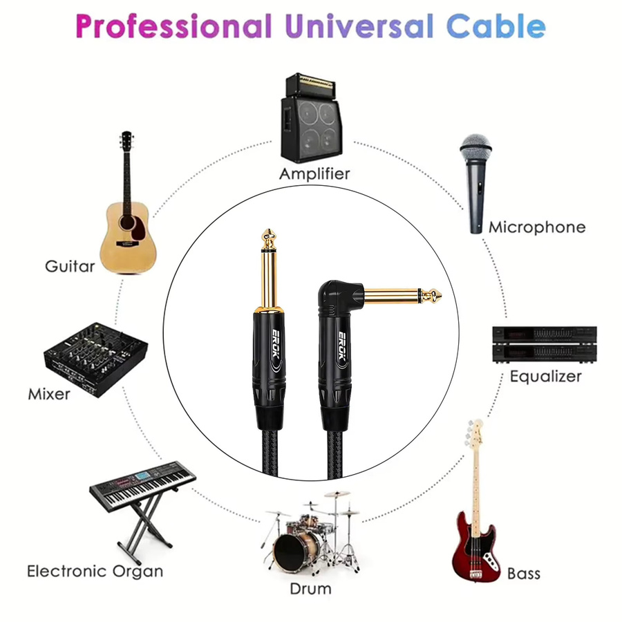 EROK Gitarrenkabel in Schwarz – Professionelles 1/4 Zoll Instrumentenkabel für E-Gitarre und Verstärker, gerade bis rechtwinklige Ausführung - Bild 2