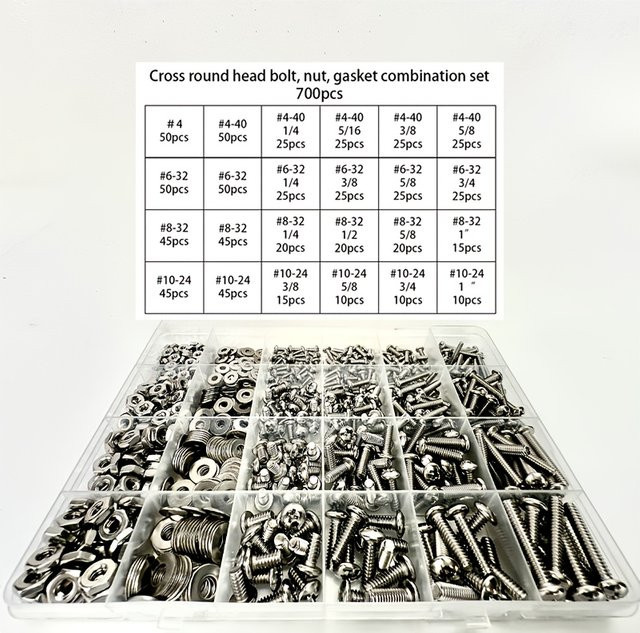 700-teiliges Edelstahl-Mutter- und Schrauben-Set in Silber mit den Größen 4-40, 6-32, 8-32 und 10-24 - Bild 1