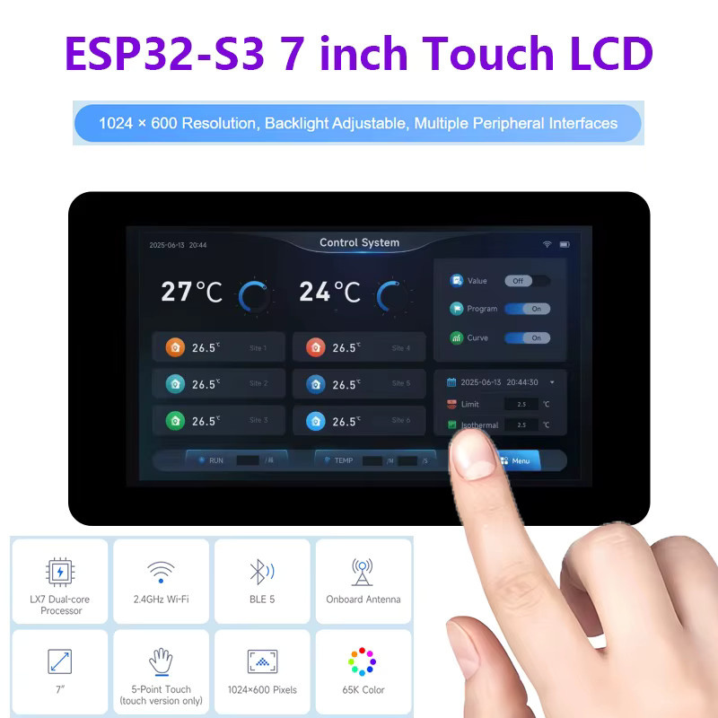 Waveshare ESP32-S3 7-Zoll-Touchscreen-Display-Entwicklungsplatine mit WiFi und BLE in Schwarz - Bild 1