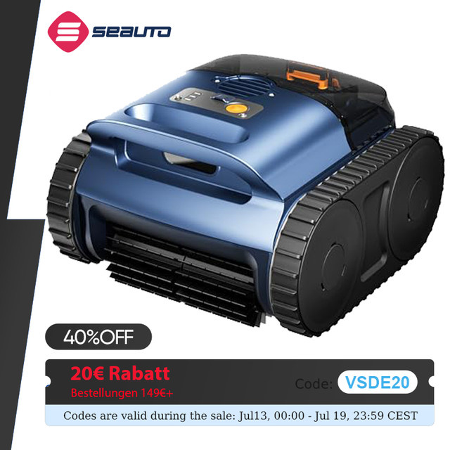 Seauto Roboter-Poolstaubsauger in Blau mit 180W bürstenlosem Motor, 3 Modi für Boden- und Bodenpools bis zu 2150 m2 und wiederaufladbarem Akku für bis zu 150 Minuten Laufzeit - Bild 1