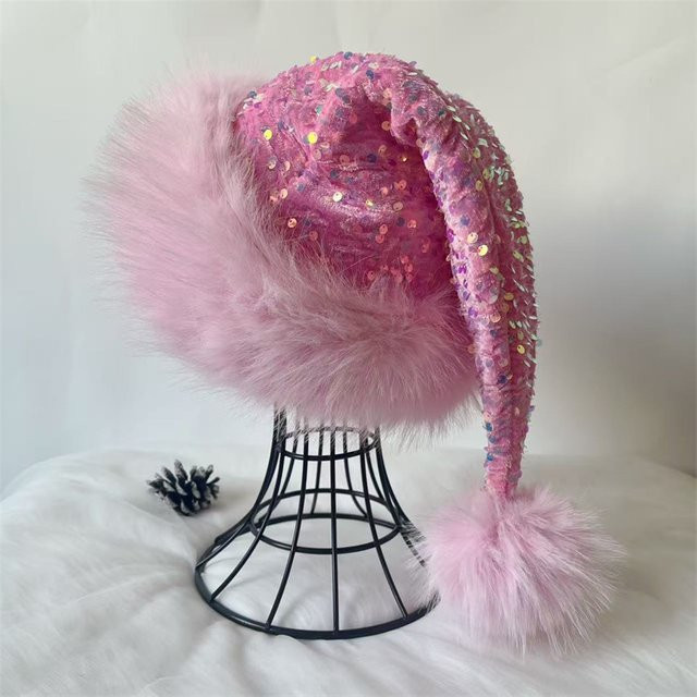 Atceawit Weihnachtsmütze in Pink mit doppellagigen Pailletten und flauschigem Bommel für Erwachsene und Kinder - Bild 1