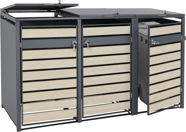 MCW XL Mülltonnenverkleidung J81 Mülltonnenbox aus Metall in Anthrazit mit Buche-Holzoptik Hellbraun H x B x T: 117 x 215 x 98 cm - Bild 1