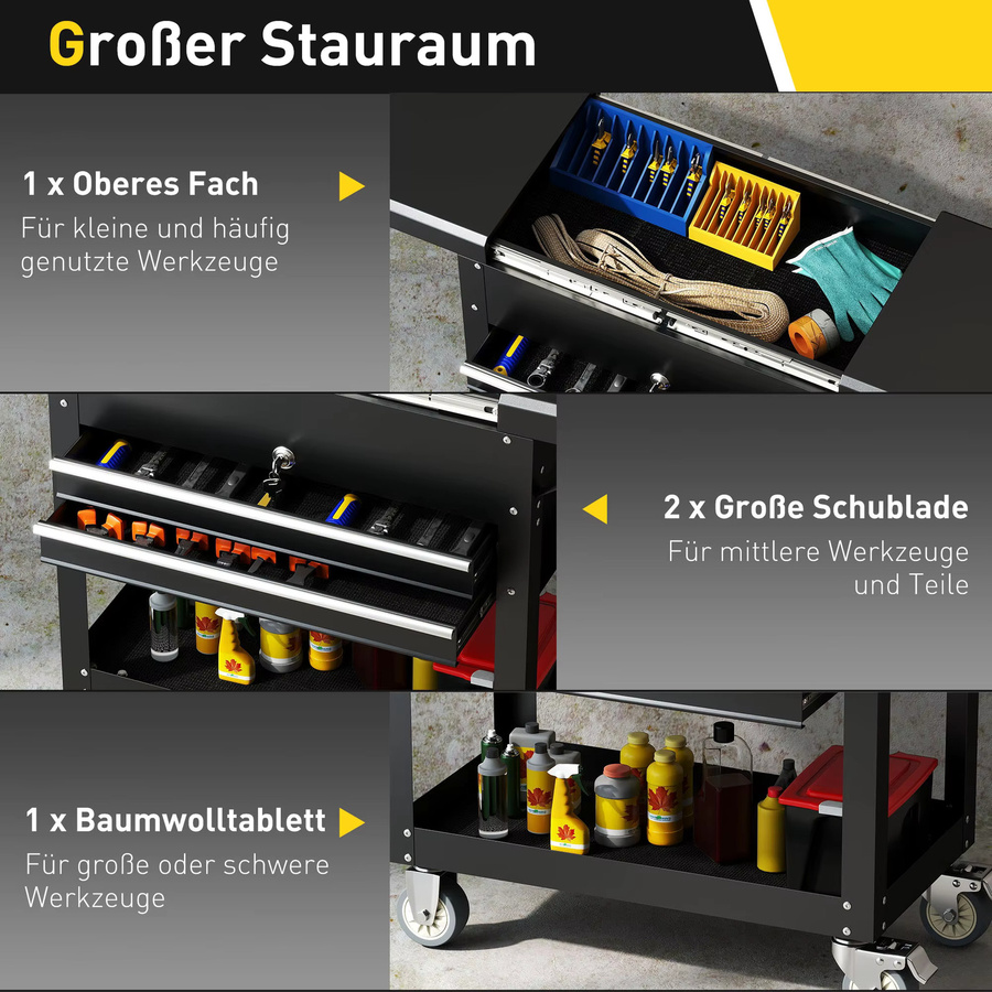 HOMCOM Werkstattwagen aus Stahl mit 2 Schubladen und Schiebedeckel in Schwarz, abschließbarer Werkzeugwagen mit Ablage und EVA-Matten, B/T/H: 130 x 80 x 38 cm - Bild 4