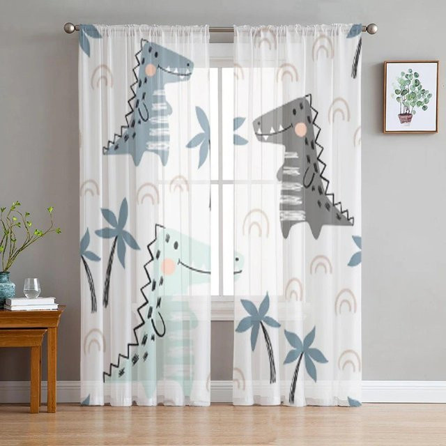 A Family Of Home Textiles Transparenter Voile-Hängevorhang mit Dinosaurier- und Pflanzen-Motiv in Tiergrün, Breite: 135 cm, Höhe: 244 cm - Bild 1