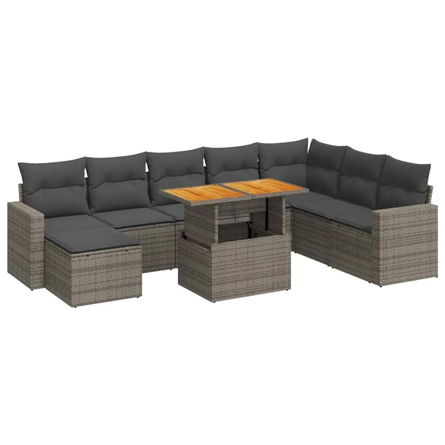 vidaXL 9-tlg Garten-Sofagarnitur in L-Form aus Poly-Rattan und Akazienholz mit Kissen in Grau - Bild 2