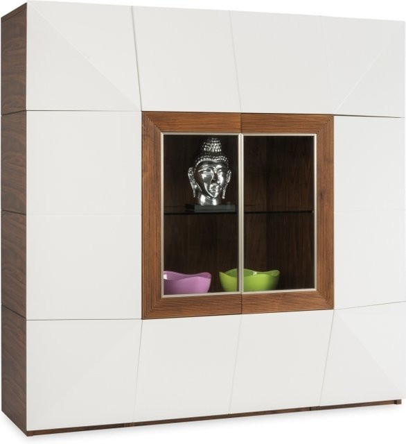 Vitrine MONDO PRISMA PLUS in Nussbaum und weiß Hochglanz mit Glastüren, B: 140 cm, H: 53 cm, T: 6 cm - Bild 1