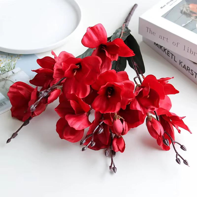 Uflower Künstlicher Magnolien-Orchideen-Strauß aus Seidenblumen in Rot und Lila, Höhe: 43 cm, ideale Tischdekoration für Hochzeit, Party und Fotografie - Bild 2