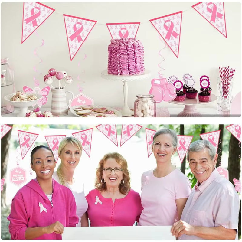 Wimpelbanner zur Brustkrebs-Aufklärung in Rosa mit Schmetterlings- und Vogelmotiven als hängende Papier-Dekoration - Bild 3