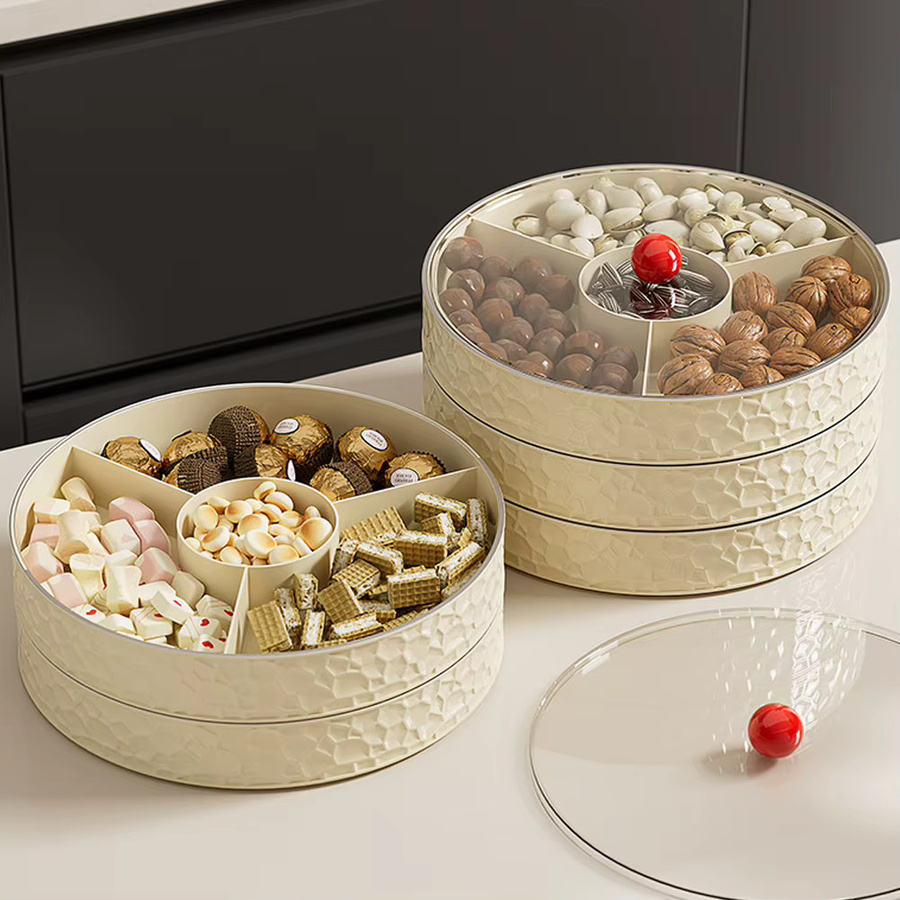 Multiyilego Rundes Serviertablett mit 3 Fächern und Deckel in Beige aus Kunststoff - Bild 5