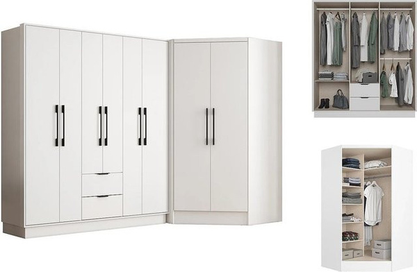 Feova Eck-Kleiderschrank mit Schwebetüren und integrierten Schubladen in Weiß, Breite: 263,5 cm
