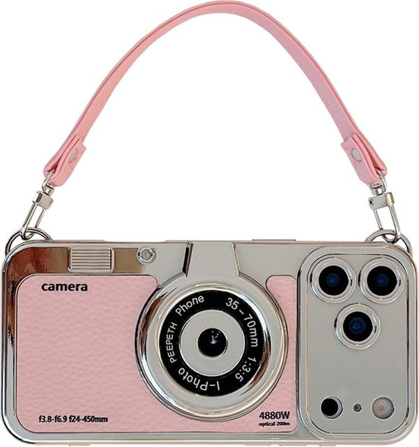 NMEGOU Kamera-Handyhülle Emily in Paris mit Trageriemen für iPhone 17 16 15 14 13 12 Pro Max Plus in Rosa aus Leder - Bild 1
