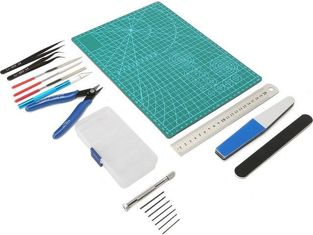 Modellbau Bastelwerkzeug Set mit Pinzetten, Lineal, Feile und Schneidematte in Blau für Profis und DIY-Modellbauer - Bild 1