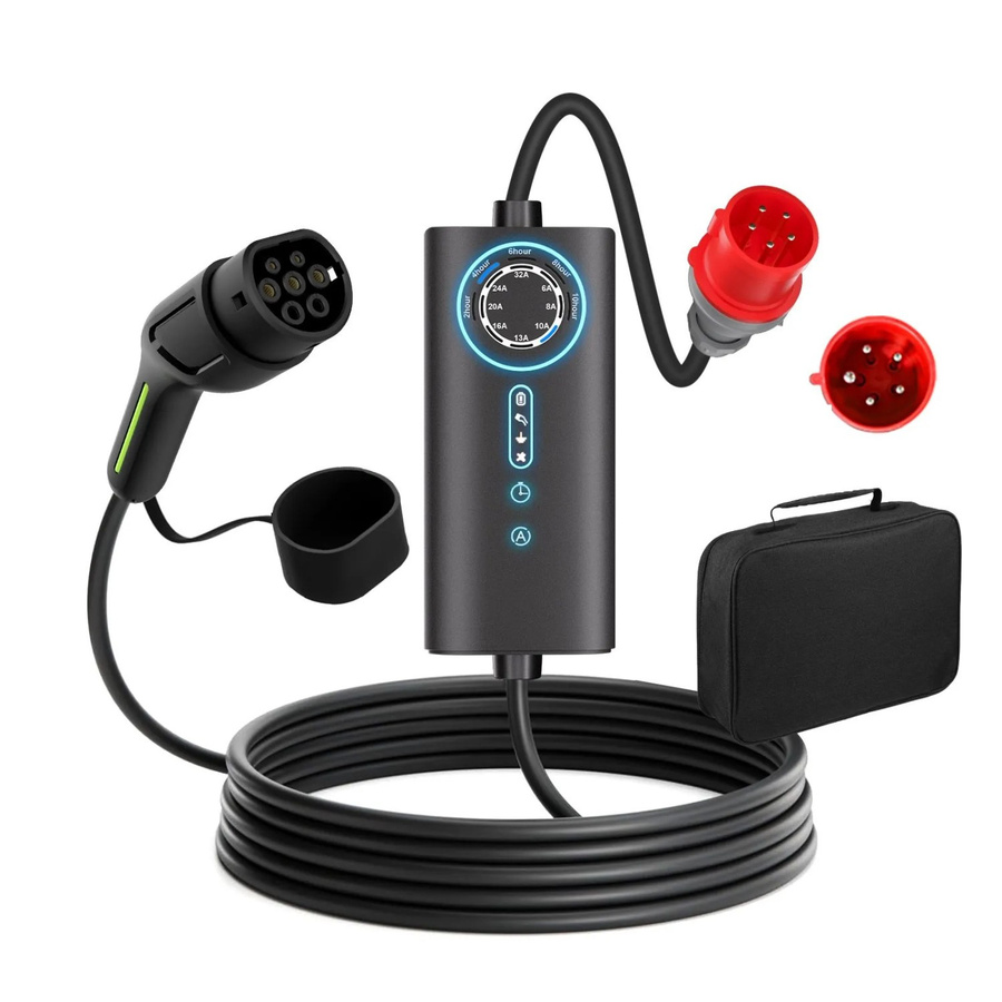 Junsun Typ 2 EV-Ladegerät 22kW mit 8m Kabel in Schwarz, 3-phasig mit flexibler Stromanpassung 6-32A inklusive Tasche - Bild 2