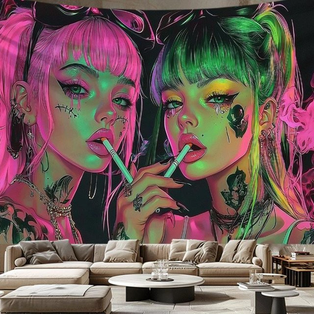 VIKAMA Cyberpunk Neon Wandteppich mit Dual Female Protagonists in Multicolour als moderne Wandkunst für dein Wohnzimmer oder Sofa - Bild 1