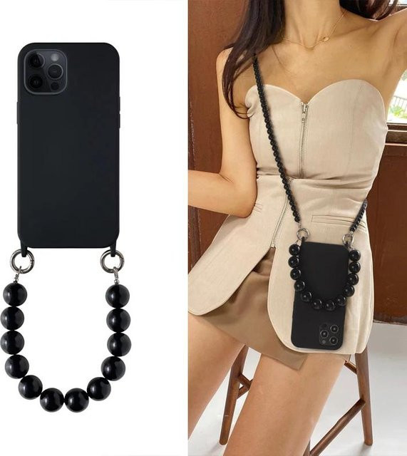 Rui Di Crossbody Lanyard Halskette Hülle für Apple iPhone 15 14 13 12 11 Pro Max Plus mit Perlenkette in Schwarz - Bild 1