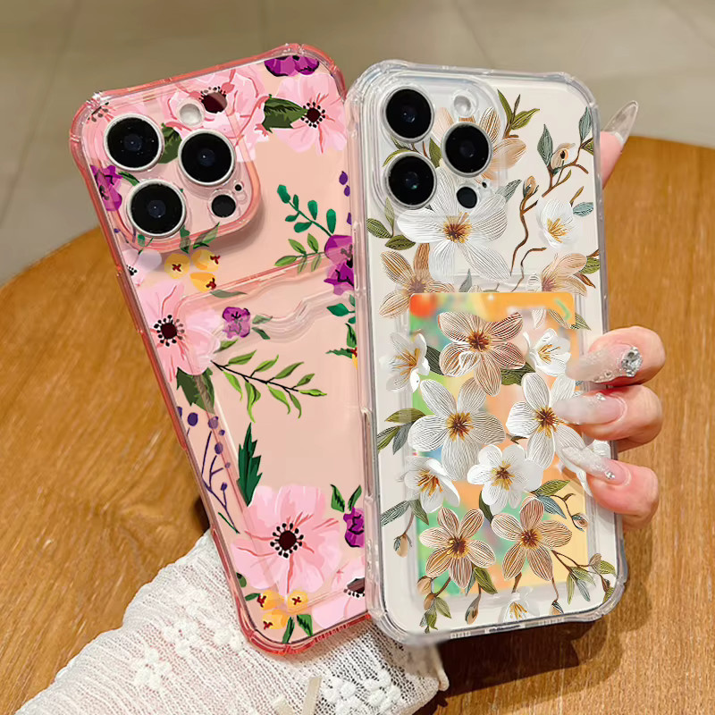 YISHANGOU Handyhülle mit buntem Blumenmuster und Kartenfach für iPhone 17 16 Pro Max 15 14 13 Pro Max, Transparent/Pink, Weiche TPU Schutzhülle - Bild 1