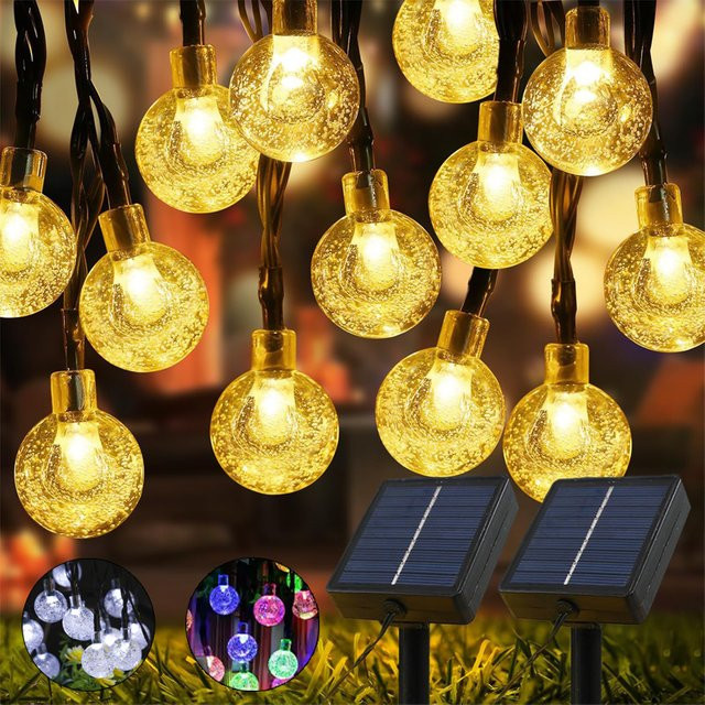 Solar-Lichterkette für den Außenbereich mit 60 LED-Kristallkugeln in Transparent und Warmweiß, wasserdicht und solarbetrieben für Garten, Terrasse und Party - Bild 1