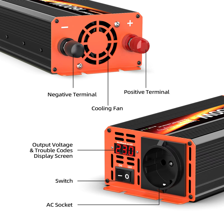 Reiner Sinus-Wechselrichter DC 12 V zu AC 220 V 230 V mit 1600 W Spitzenleistung und LCD-Display für Wohnmobil und Haushaltsgeräte - Bild 2