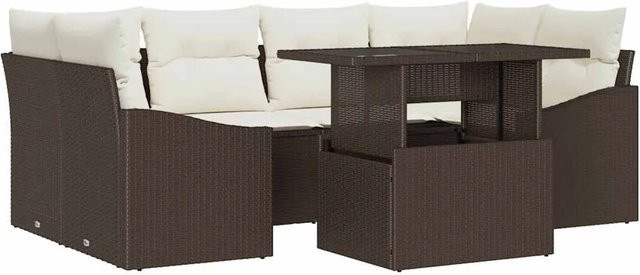 7-tlg. vidaXL Garten-Sofa-Set aus Poly-Rattan in Braun mit Polstern und integriertem Stauraum - Bild 1
