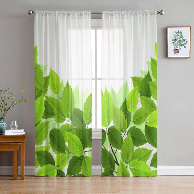 Super Six Transparente Tüll-Vorhänge mit floralem Zweig- und Blattmuster in Grün und Weiß, Breite: 135 cm, Höhe: 114 cm - Bild 1