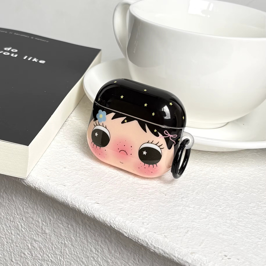 Schutzhülle für AirPods 1 2 3 4 Pro und Pro 2 mit Cartoon-Mädchen-Design in Schwarz und Blau mit Blumen- und Sternmuster - Bild 3