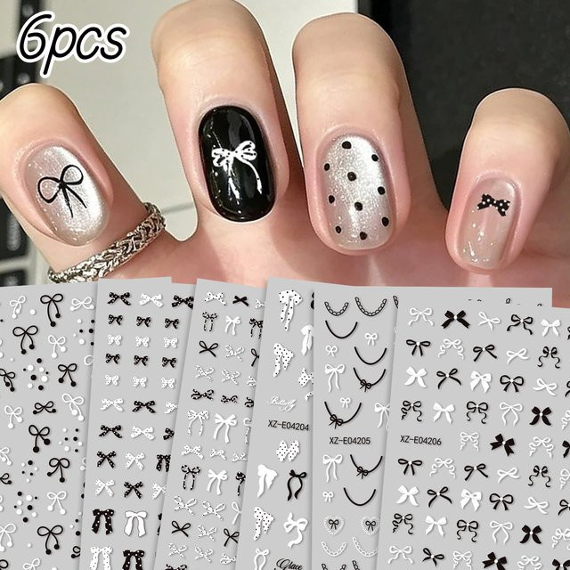 HotPress Nagelaufkleber, 3D Schleifen Schwarz-Weiß, 6 Stück - Bild 1