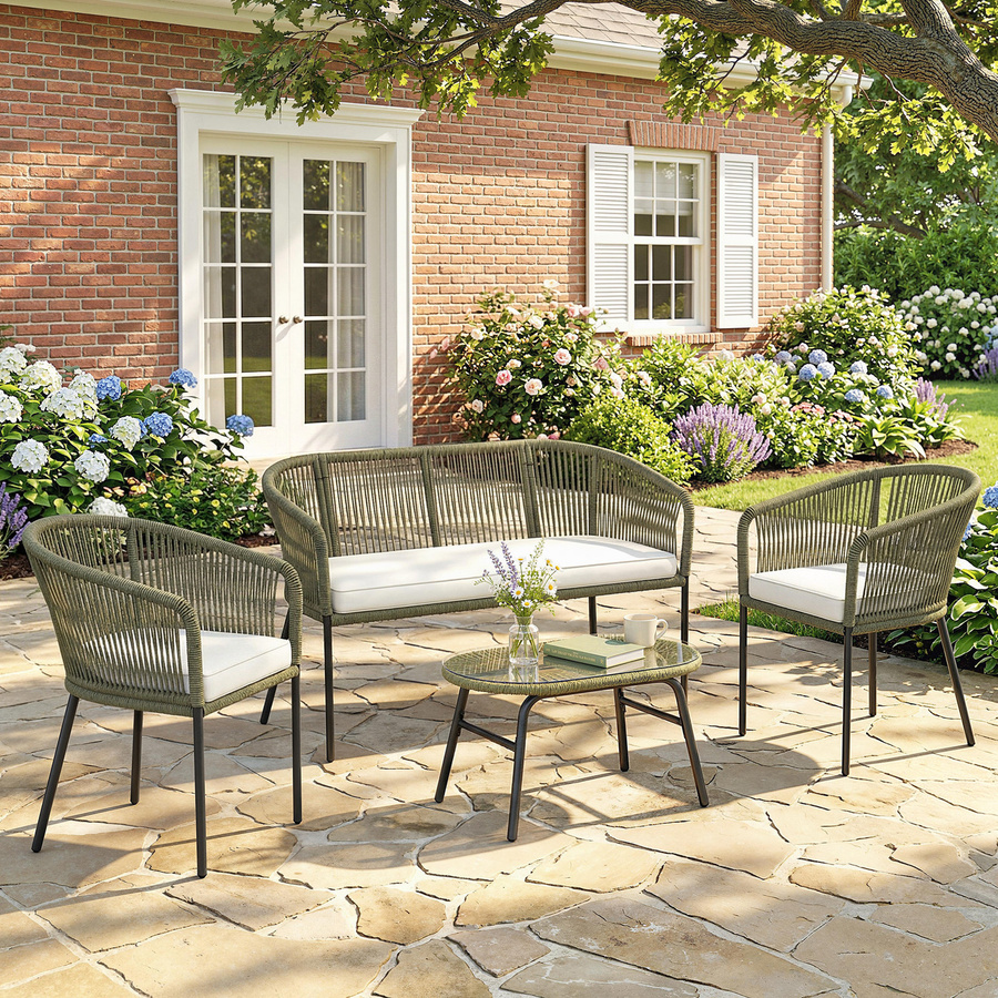 Outsunny Gartenlounge Set für 4 Personen aus Rattan mit 2-Sitzer Sofa, 2 Sesseln und Couchtisch mit Glasplatte in Beige - Bild 2