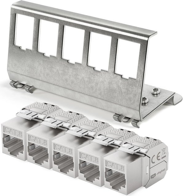 hb-digital Hutschienenadapter 5 Port mit CAT 8.1 Keystone Modul RJ47 in Silber - Bild 1
