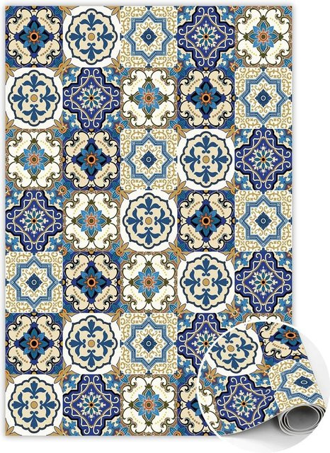 Tulup Teppich Portugiesisches Fliesenmuster in Gelb und Multicolour, Rechteckiger Vinyl-Bodenmatten-Teppich, B/T: 80 x 120 cm - Bild 1