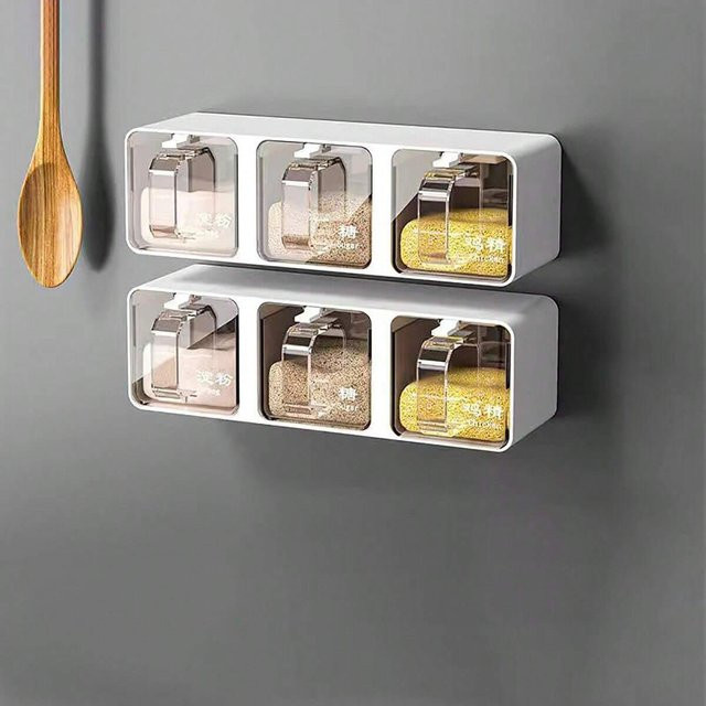 Yiran Furniture Gewürz-Organizer-Set zur Wandmontage mit Glasbehältern und Löffeln in Grau und Weiß - Bild 1
