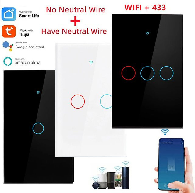 Szaoju WLAN Smart Lichtschalter mit Touch-Sensor, 1/2/3-fach Ausführung ohne Neutralleiter, kompatibel mit Tuya Smart Life App, Amazon Alexa und Google Assistant, Farbe: Schwarz - Bild 1