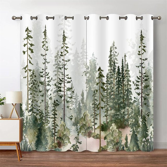 A Family Of Home Textiles Fenstervorhang mit grünem Wald-Aquarell-Muster, semi-transparent, Farbe: Grün, B: 150 cm, H: 166 cm - Bild 1
