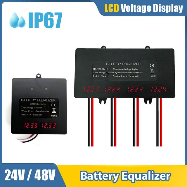 EVSOLAR Batterieausgleicher 24V 48V für 4 x 12V Gel, Flüssig, AGM, Blei-Säure und Lithium-Batterien mit LED-Anzeige in Schwarz - Bild 1
