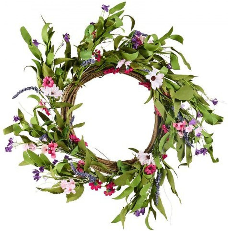 VEVOR Künstlicher Blumenkranz in Rosa und Grün mit Gänseblümchen und Schleierkraut, Durchmesser: 55,88 cm - Bild 1