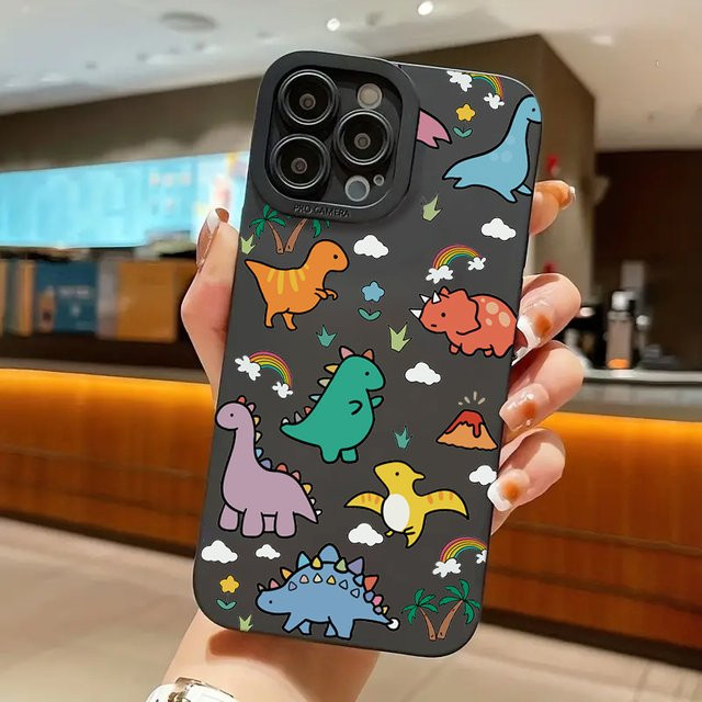 Bunte Handyhülle mit Cartoon-Dinosaurier und Blumen für iPhone 11 bis iPhone 17 Pro Max, weiche Abdeckung, Mehrfarbig - Bild 1