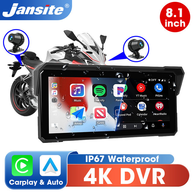 Jansite Carplay Motorrad DVR Display mit 8,1 Zoll Bildschirm, GPS Navigation und Android Auto, IP67 wasserdicht, Schwarz - Bild 1